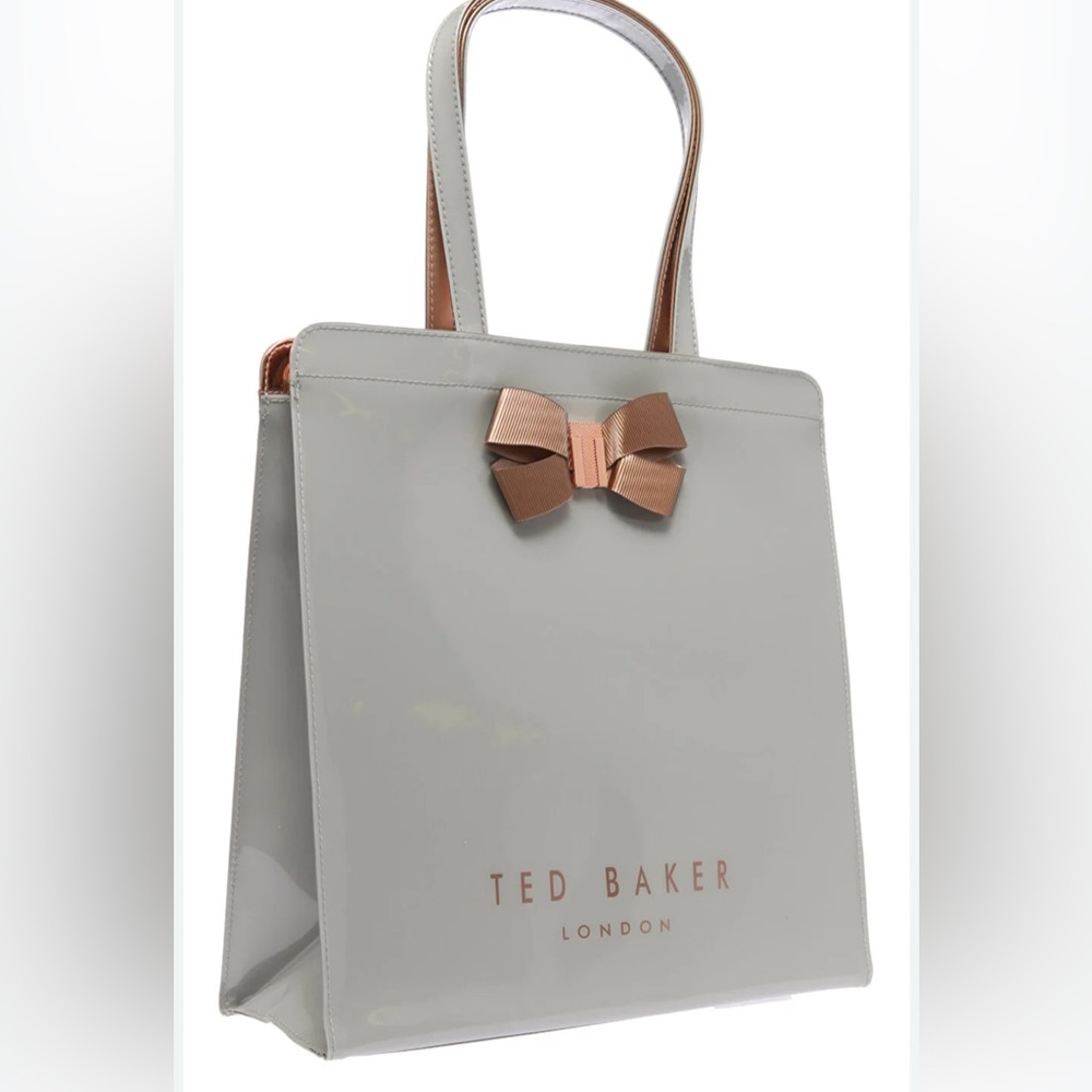 Ted Baker Gray Silver Tote Bag with Gold Bow Accent